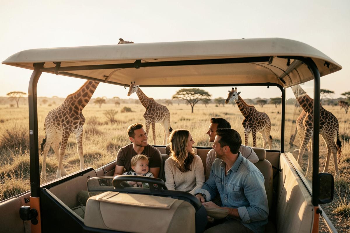 A family in a private safari vehicle watching giraffes on the plains