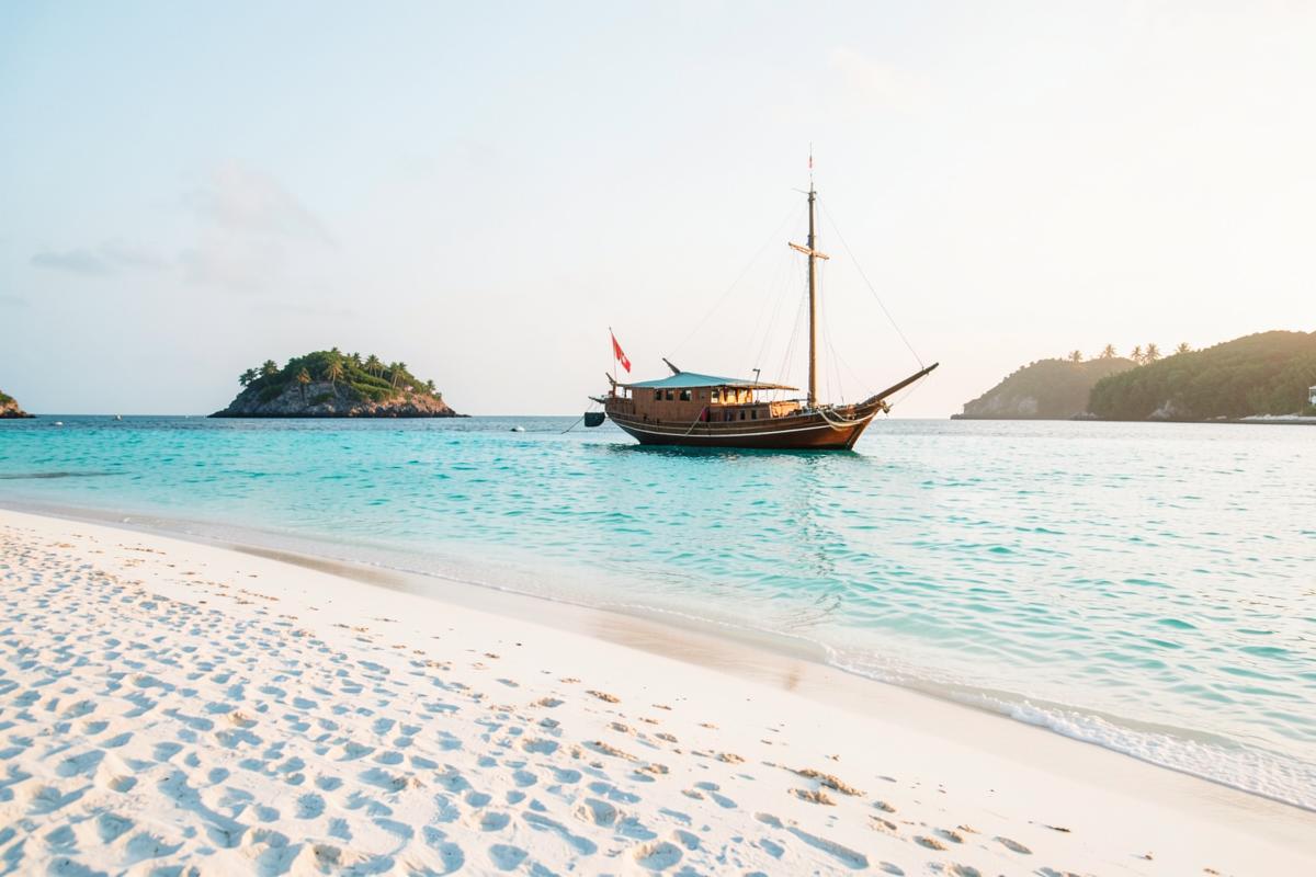 Traditional dhow anchored off a white sand Zanzibar beach
