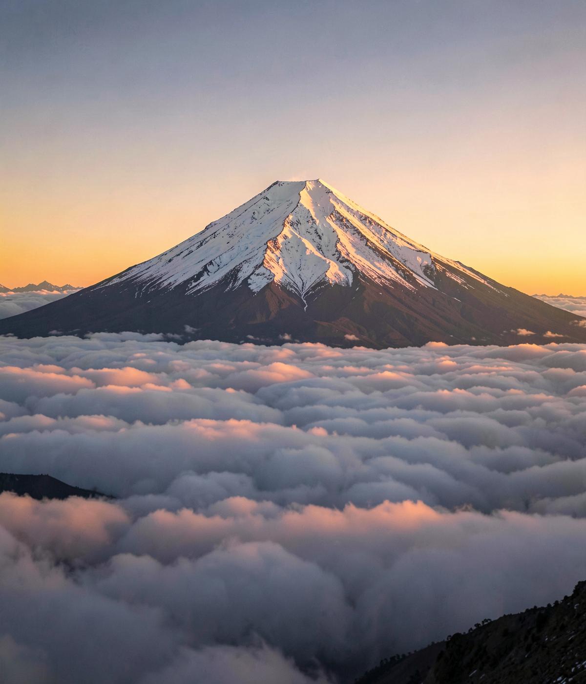 Snow-capped Kilimanjaro summit rising above a sea of cloud at sunrise