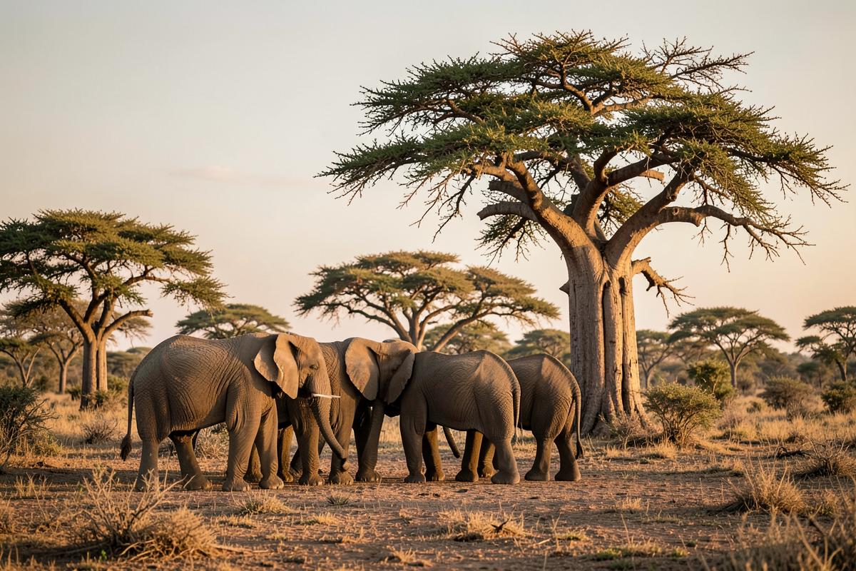 Elephant herd beneath baobab trees in Tarangire at golden hour