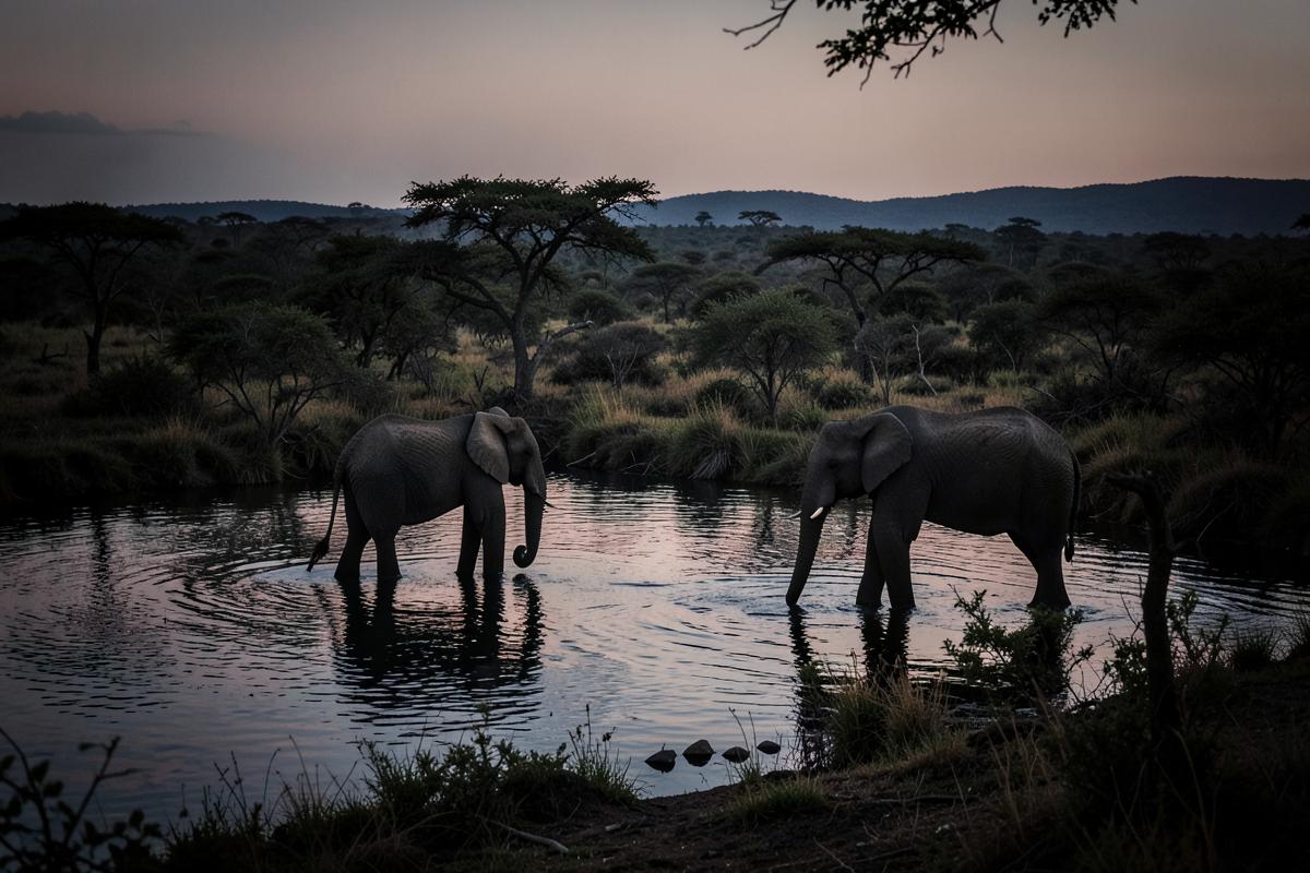 Elephants at a river at dusk in southern Tanzania