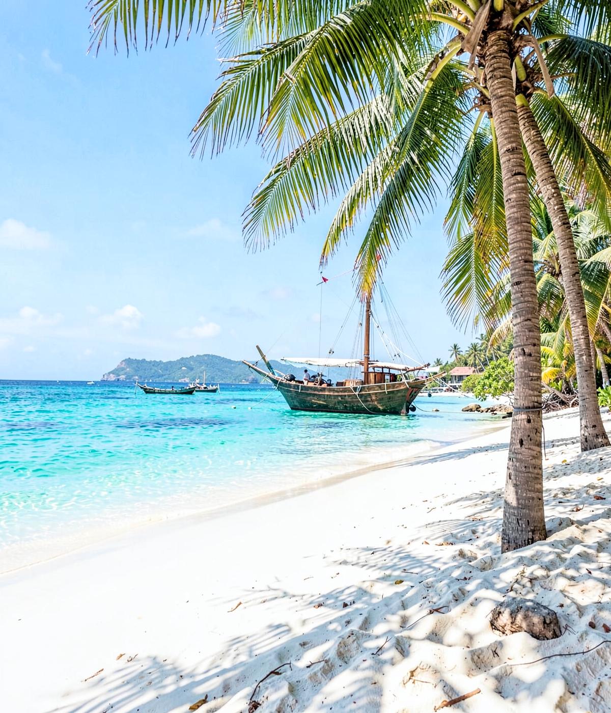 Zanzibar beach with a traditional dhow moored in turquoise water