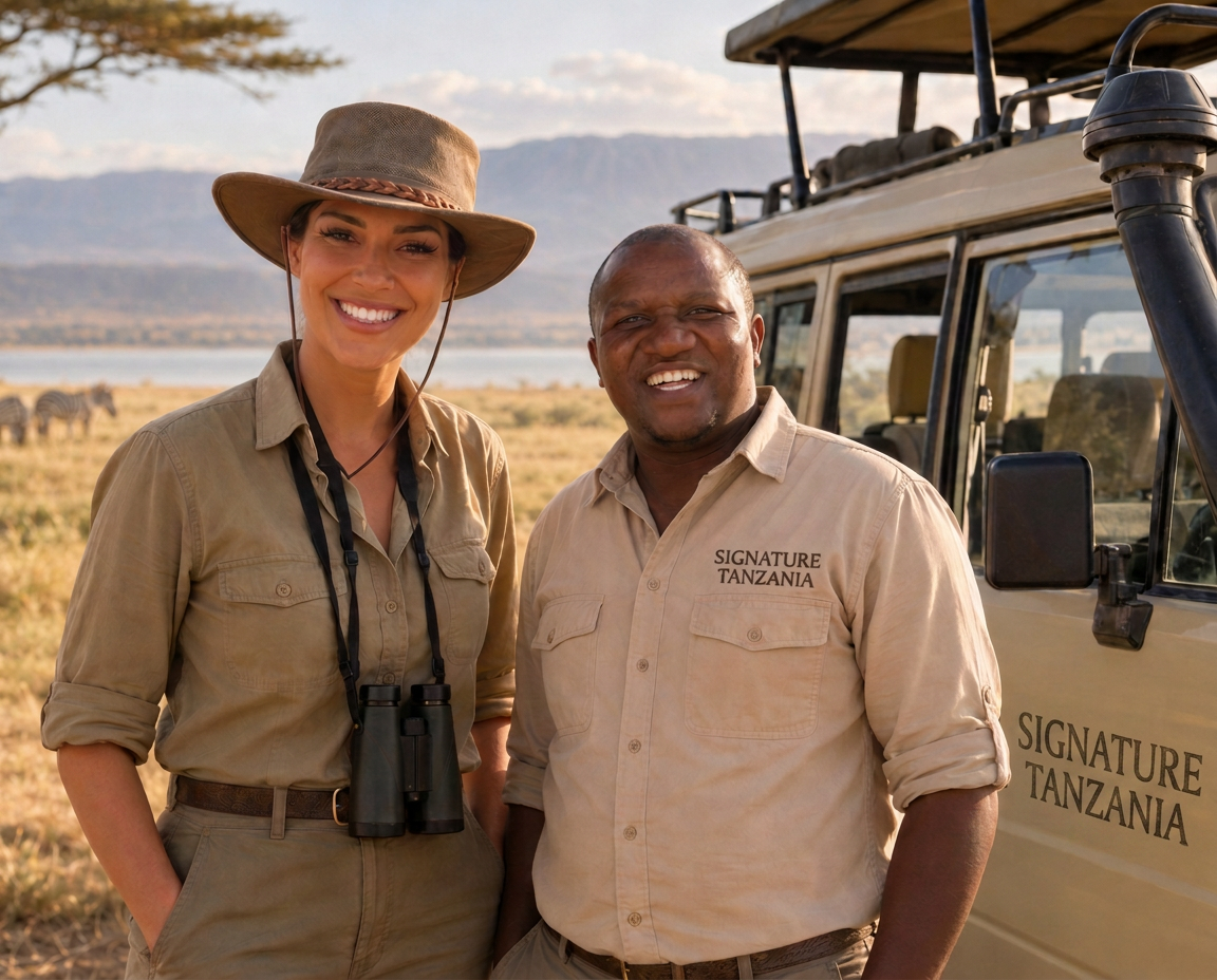 Guests on a private safari vehicle watching the plains at sunset